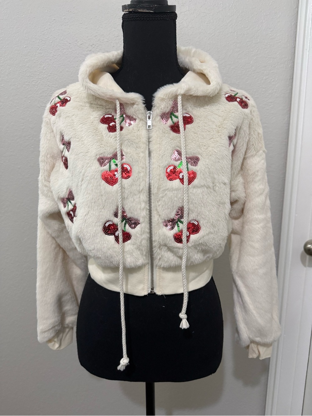 Cream Faux Fur Zip-Up Hoodie with Sequin Cherry Embroidery